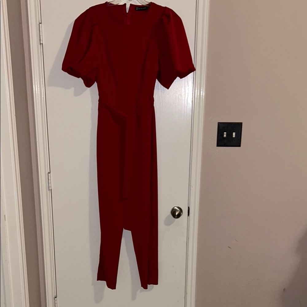 New York and Company Red Puff Sleeve Jumpsuit